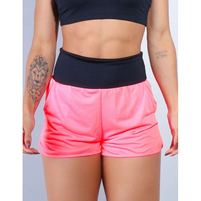 Short Fitness Dry Fit Rosa Neon com Bolsos e Cós Preto | Ref: 4.4.4391-3901