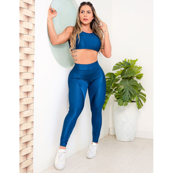 Conjunto Fitness Azul Marinho com Calça Legging e Cropped sem Bojo | Ref: 6.6.0082-18