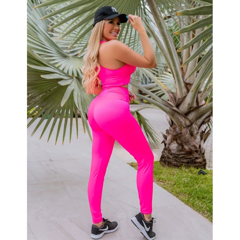 Conjunto Fitness Rosa Neon com Cropped com Bojo Removível e Calça Cintura Alta | Ref: 6.6.0098-39