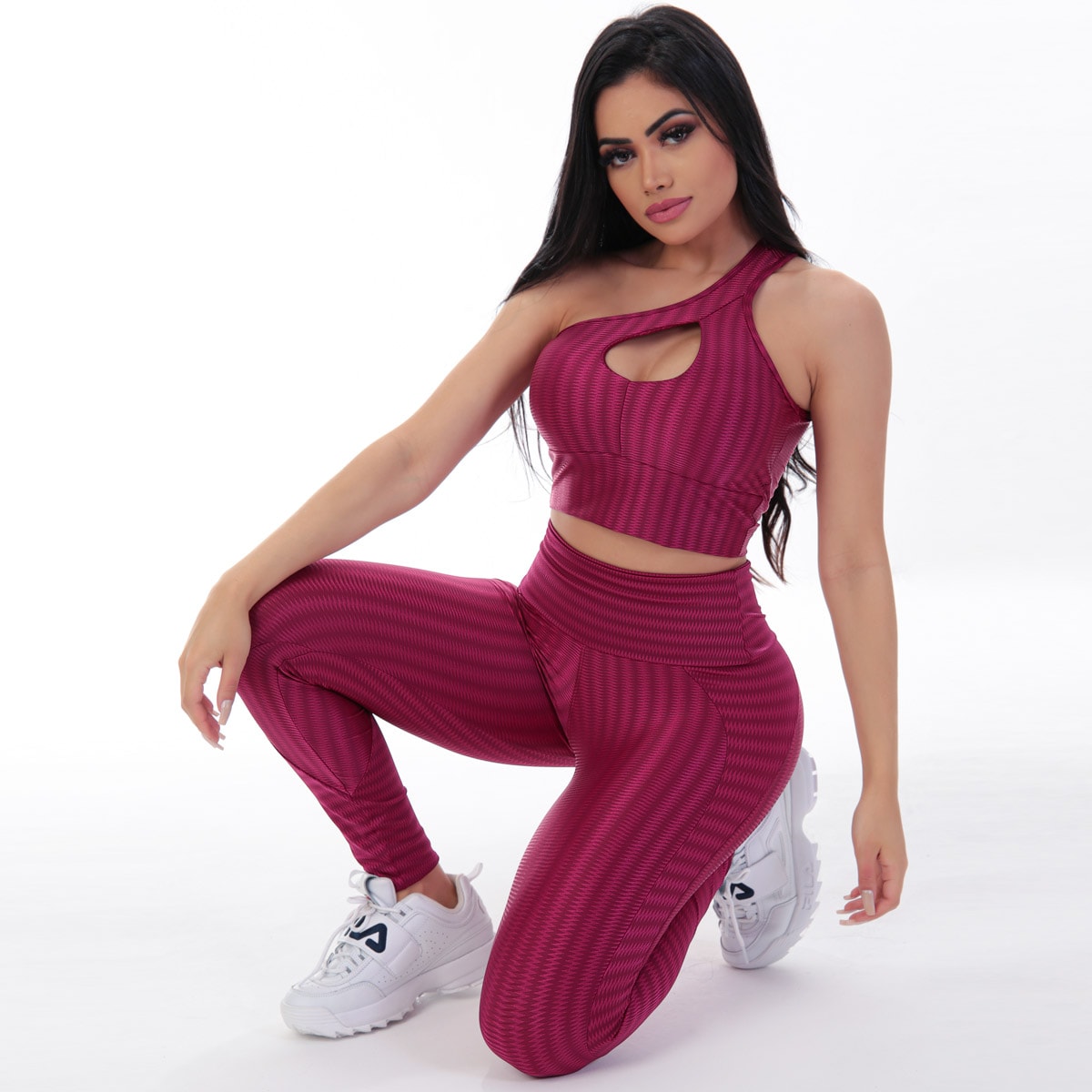 Conjunto de Poliamida Vinho Zig com Calça e Cropped com Bojo | Ref: 6.6.0102-24