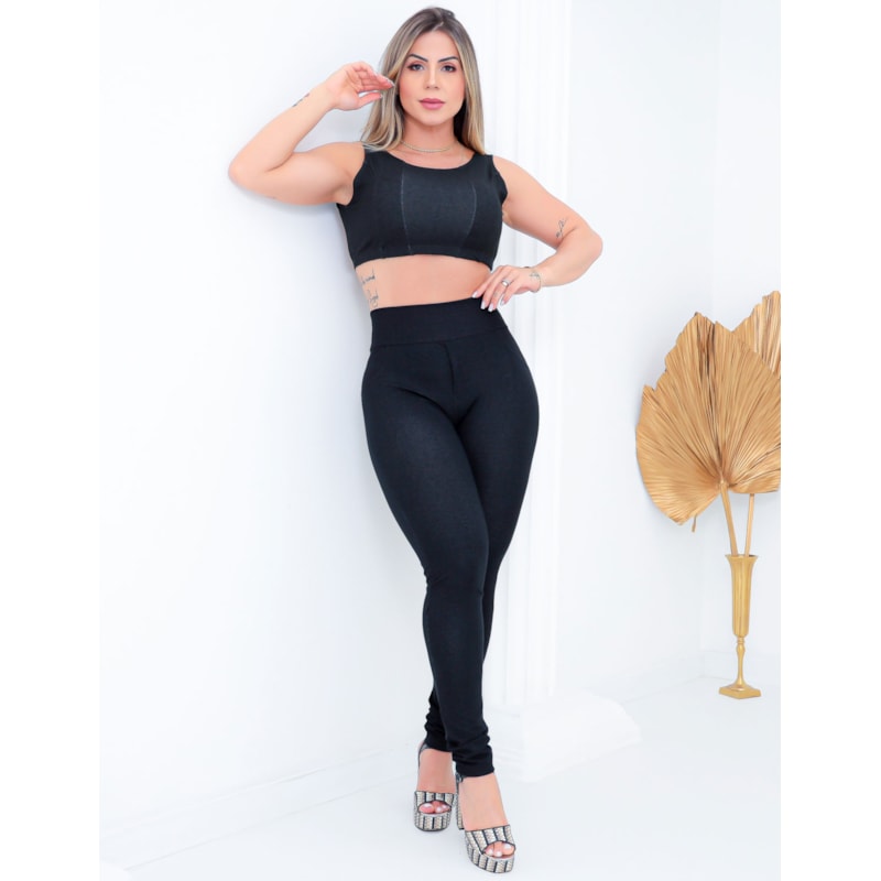 Conjunto Fitness Fake Jeans Preto em Viscose Calça com Bolso e Cropped sem Bojo | Ref: 6.6.0105-01