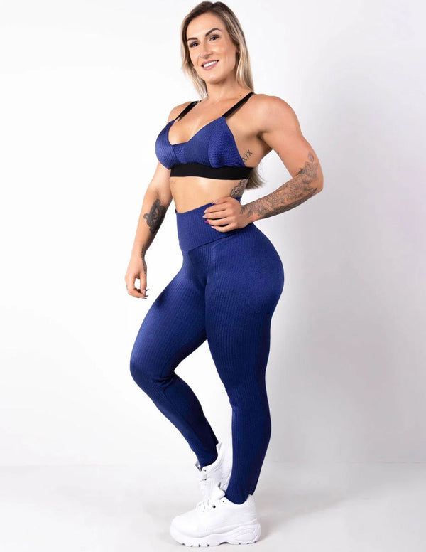 Conjunto Azul Marinho em Poliamida Texturizada Calça Cintura Alta e Top | Ref: 6.6.0107-18