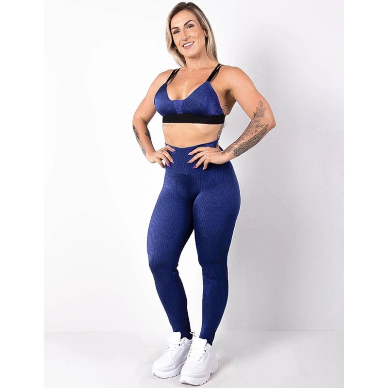 Conjunto Azul Marinho em Poliamida Texturizada Calça Cintura Alta e Top | Ref: 6.6.0107-18