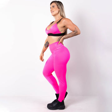 Conjunto em Poliamida Texturizada Calça Cintura Alta e Top Rosa Neon | Ref: 6.6.0107-39