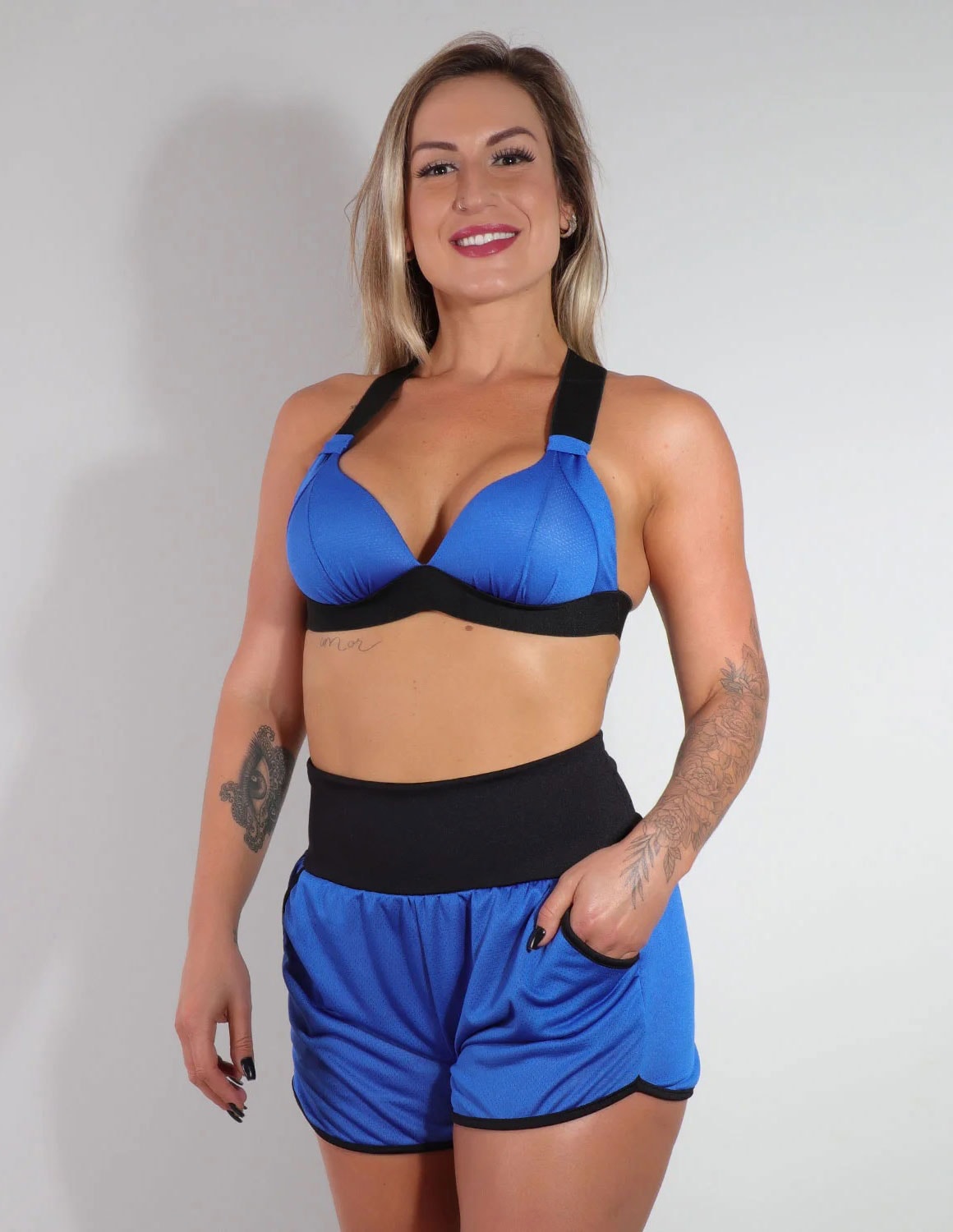 Conjunto Fitness de Dry Fit Azul Bic com Top e Short com Bolsos | Ref: 8.8.0118V-20
