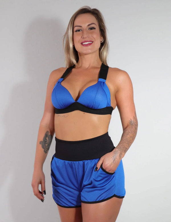 Conjunto Fitness de Dry Fit Azul Bic com Top e Short com Bolsos | Ref: 8.8.0118V-20