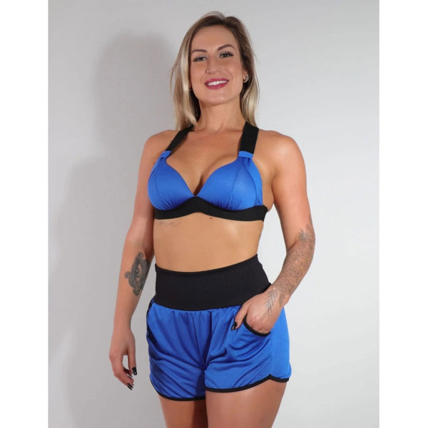 Conjunto Fitness de Dry Fit Azul Bic com Top e Short com Bolsos | Ref: 8.8.0118V-20