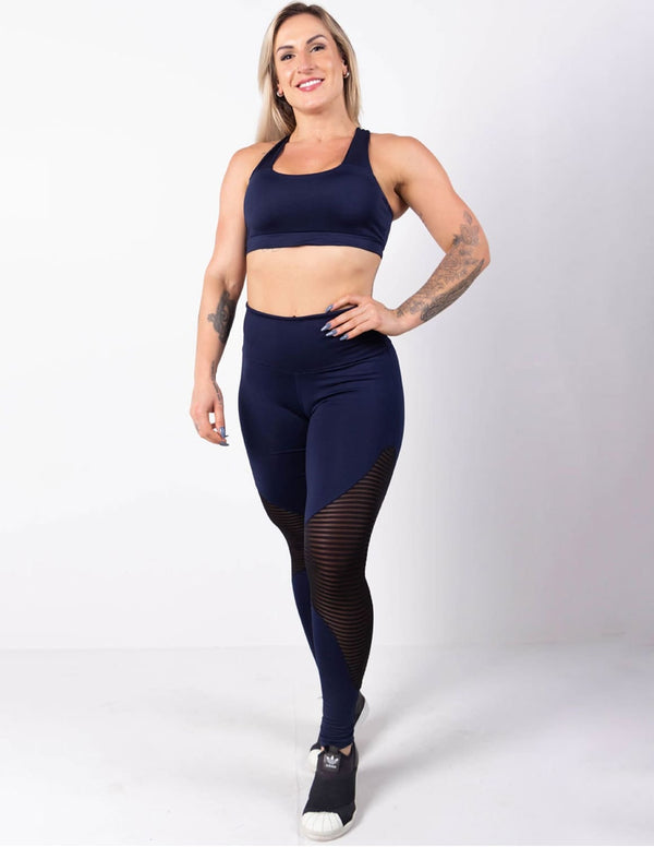 Conjunto Feminino Azul Marinho Calça com Tela de Poliamida e Top com Bojo | Ref: 8.8.0170-18