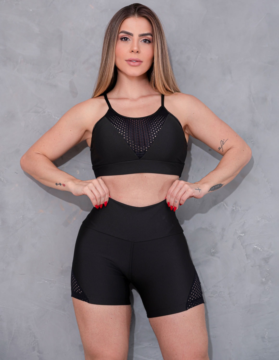 Conjunto Preto Short com Tela e Cropped Tela com Bojo Removível | Ref: 8.8.0175-01