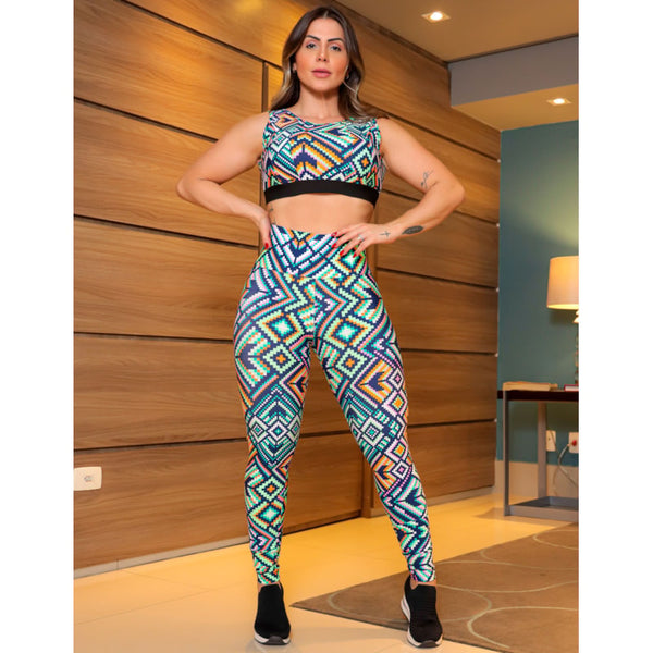 Conjunto Fitness Estampado com Calça e Cropped sem Bojo em Poliéster | Ref: 8.8.0176-3229