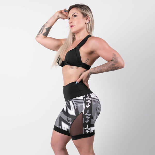 Conjunto Fitness Top com Bojo e Short Estampado com Recortes em Tela | Ref: 8.8.0177-3219