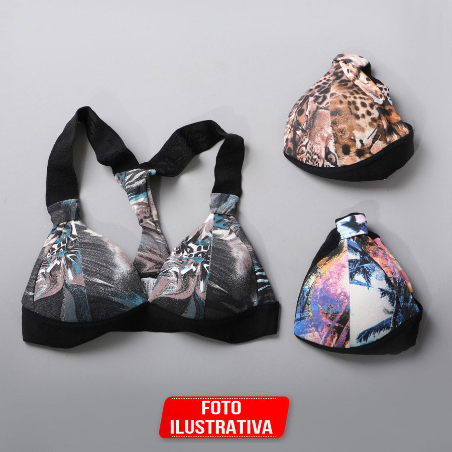 Kit com 3 Tops em Poliéster Estampado com Bojo | Ref: KIT0258
