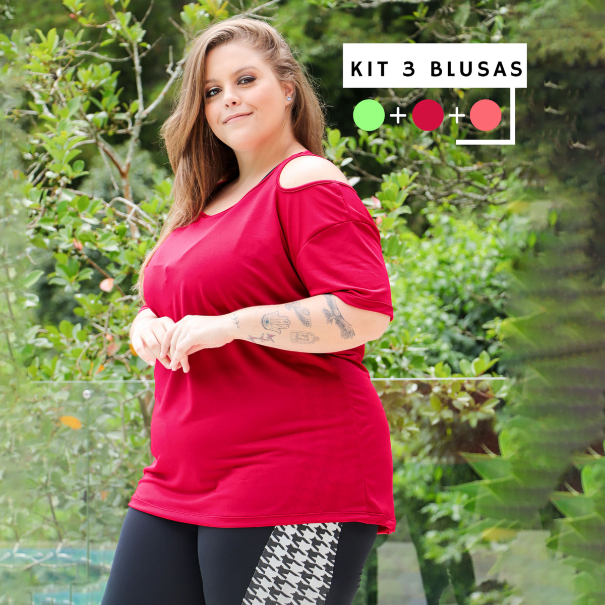 Kit Plus Size com 3 Blusas Verde Neon, Rosa Neon e Vermelho Escuro | Ref: KITPLUS-01