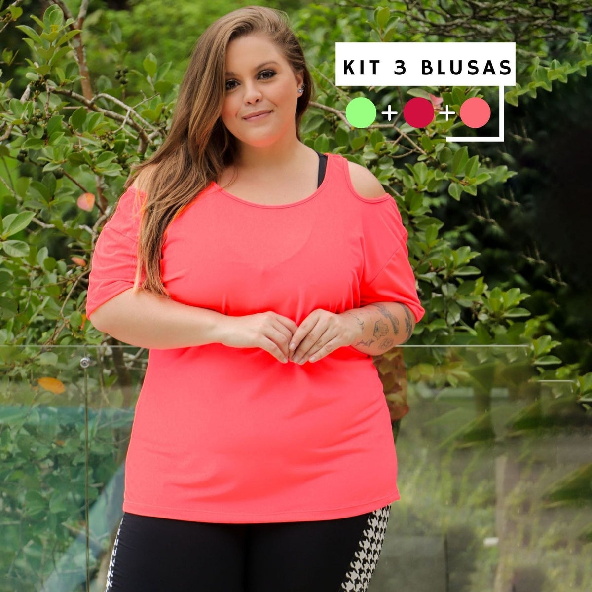 Kit Plus Size com 3 Blusas Verde Neon, Rosa Neon e Vermelho Escuro | Ref: KITPLUS-01