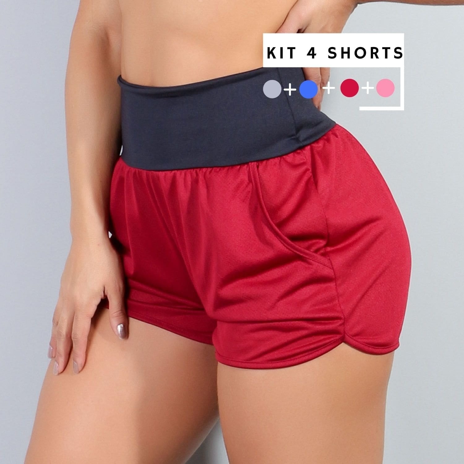 Kit Com 4 Shorts Vinho, Rosa Neon, Azul e Mescla de Dry Fit com Bolsos | Ref: KITSHORT-02