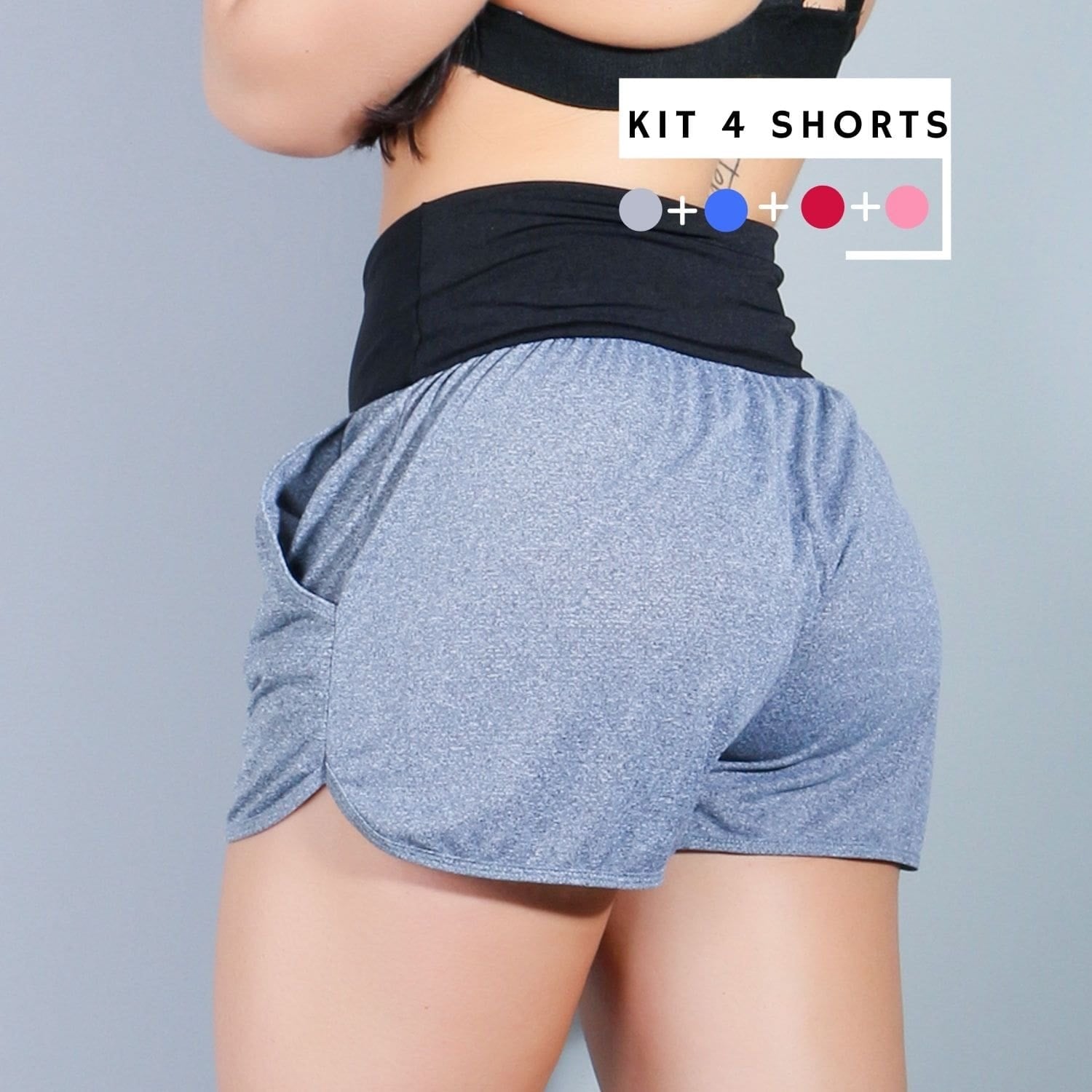 Kit Com 4 Shorts Vinho, Rosa Neon, Azul e Mescla de Dry Fit com Bolsos | Ref: KITSHORT-02
