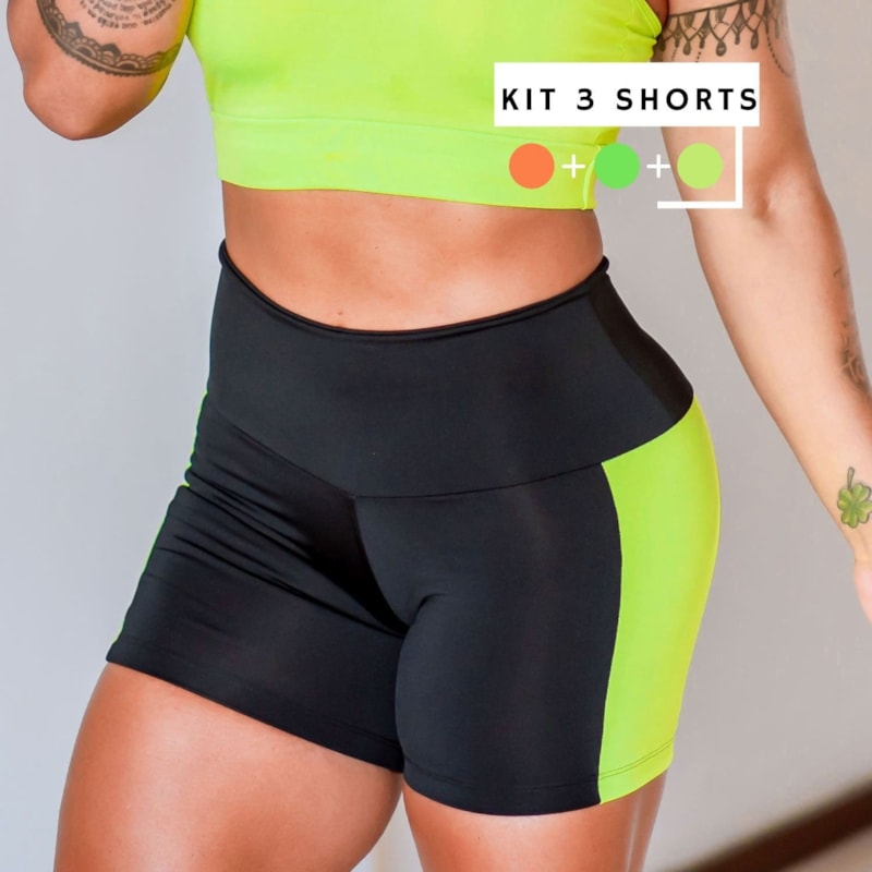 Kit com 3 Shorts pretos com Recortes nas cores: Amarelo Neon, Verde Neon e Laranja Neon | Ref: KITSHORT-03