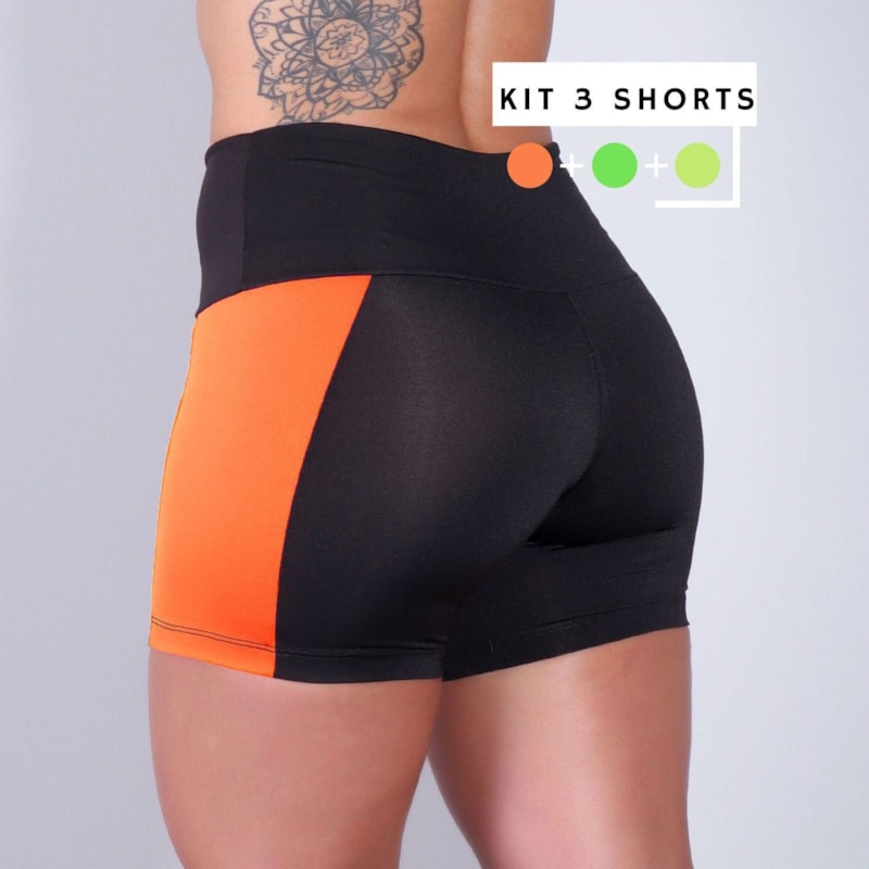 Kit com 3 Shorts pretos com Recortes nas cores: Amarelo Neon, Verde Neon e Laranja Neon | Ref: KITSHORT-03
