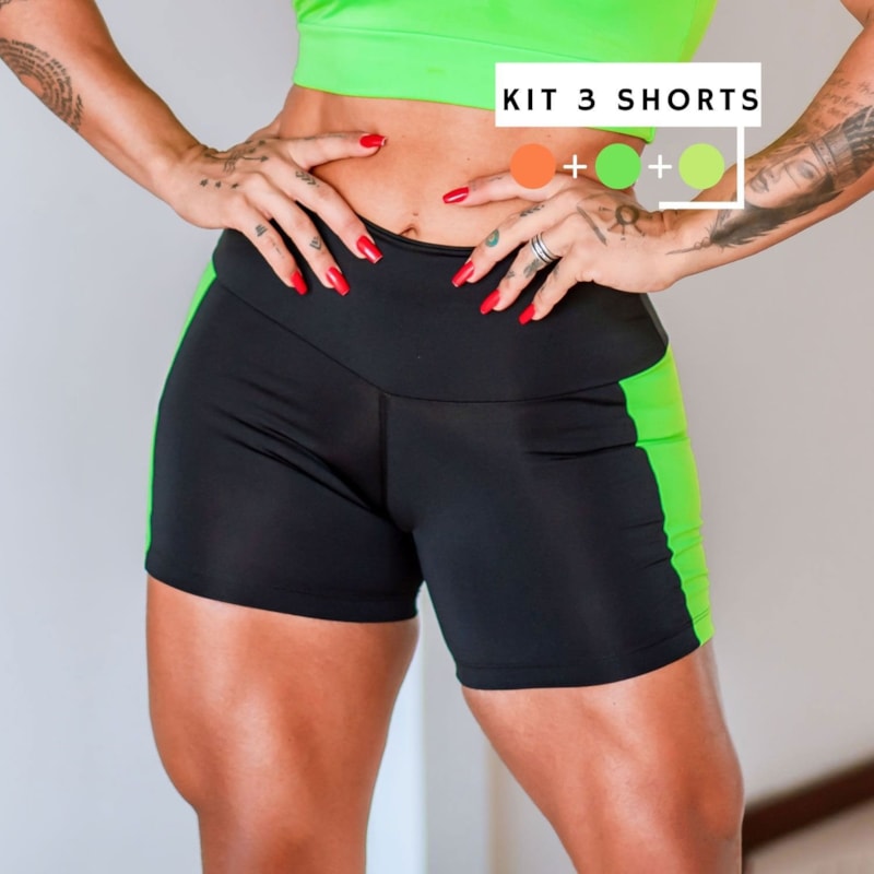 Kit com 3 Shorts pretos com Recortes nas cores: Amarelo Neon, Verde Neon e Laranja Neon | Ref: KITSHORT-03