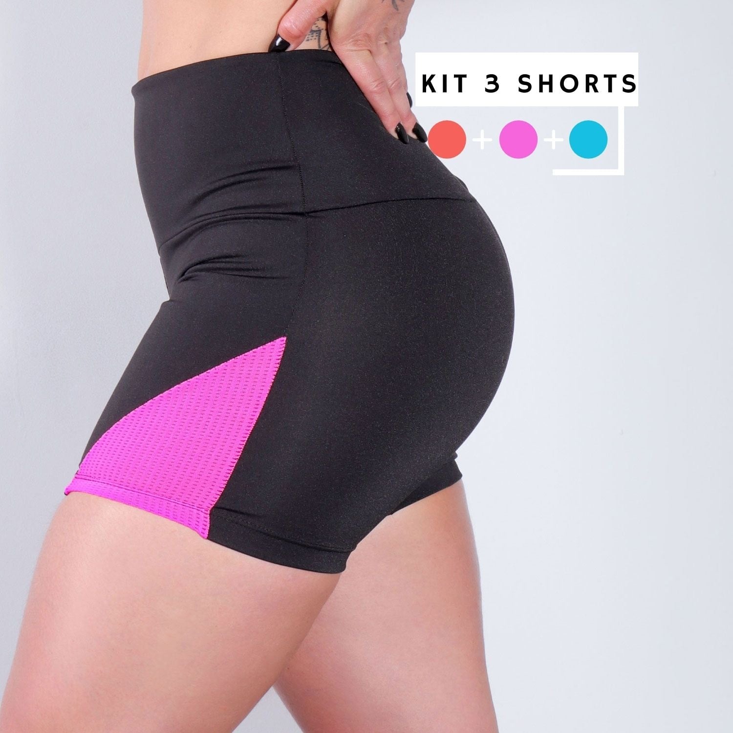 Kit com 3 Shorts com Recortes de Tela de Poliamida | Ref: KITSHORT-04