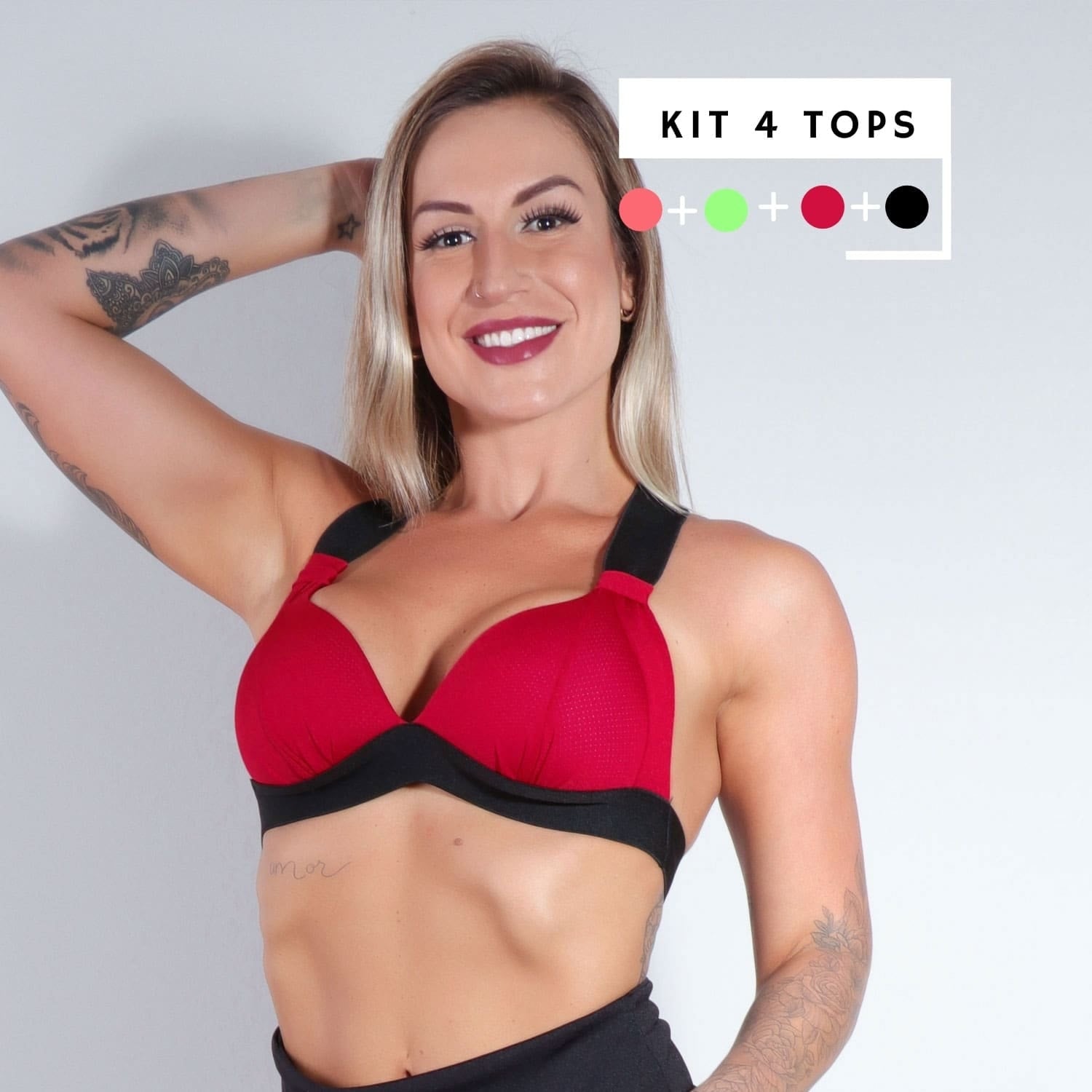 Kit de 4 Tops com Bojo de Piquet Vermelho Escuro, Verde Neon, Rosa Neon e Preto | Ref: KITTOP-01