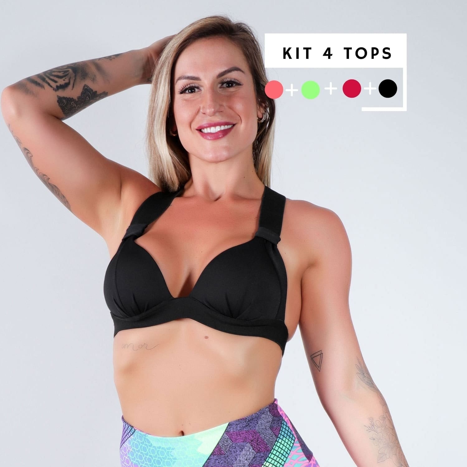 Kit de 4 Tops com Bojo de Piquet Vermelho Escuro, Verde Neon, Rosa Neon e Preto | Ref: KITTOP-01