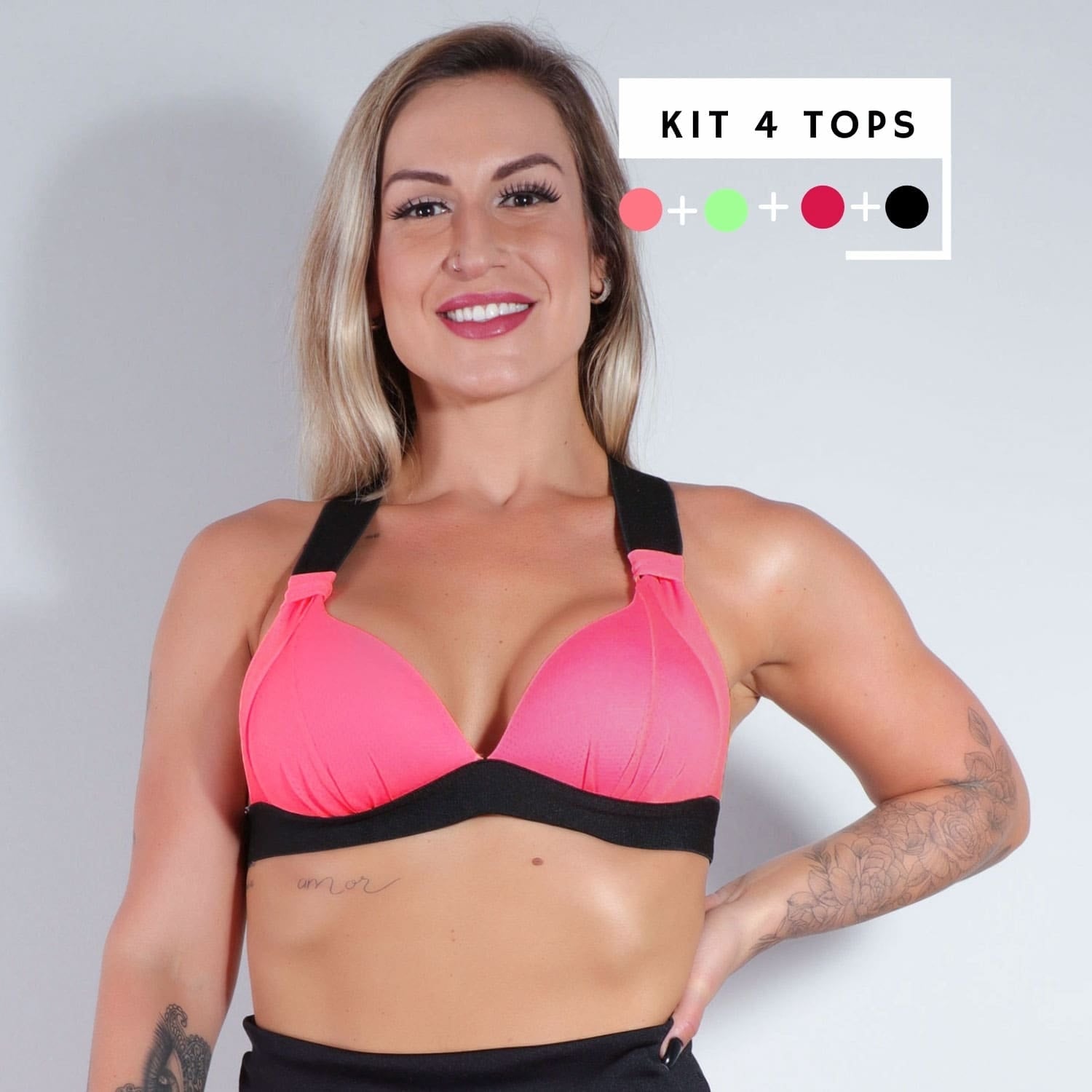 Kit de 4 Tops com Bojo de Piquet Vermelho Escuro, Verde Neon, Rosa Neon e Preto | Ref: KITTOP-01