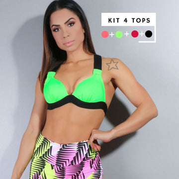 Kit de 4 Tops com Bojo de Piquet Vermelho Escuro, Verde Neon, Rosa Neon e Preto | Ref: KITTOP-01