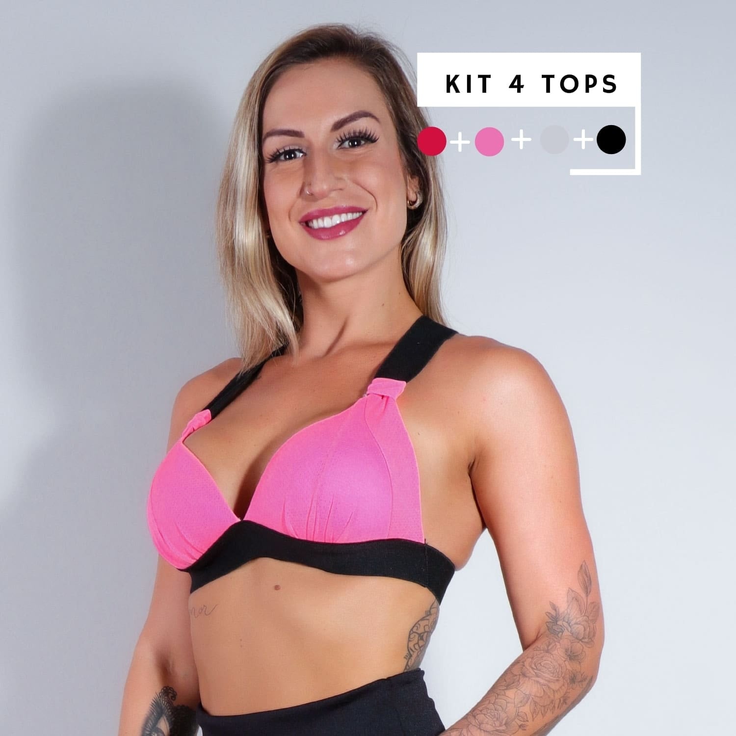 Kit com 4 Tops Vinho, Rosa Neon, Mescla e Preto | Ref: KITTOP-03