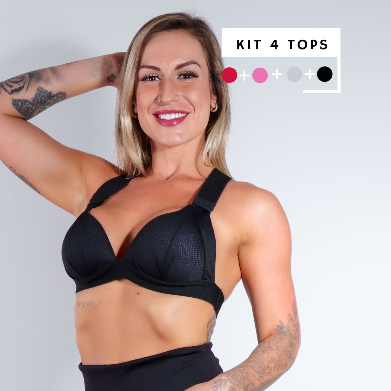 Kit com 4 Tops Vinho, Rosa Neon, Mescla e Preto | Ref: KITTOP-03