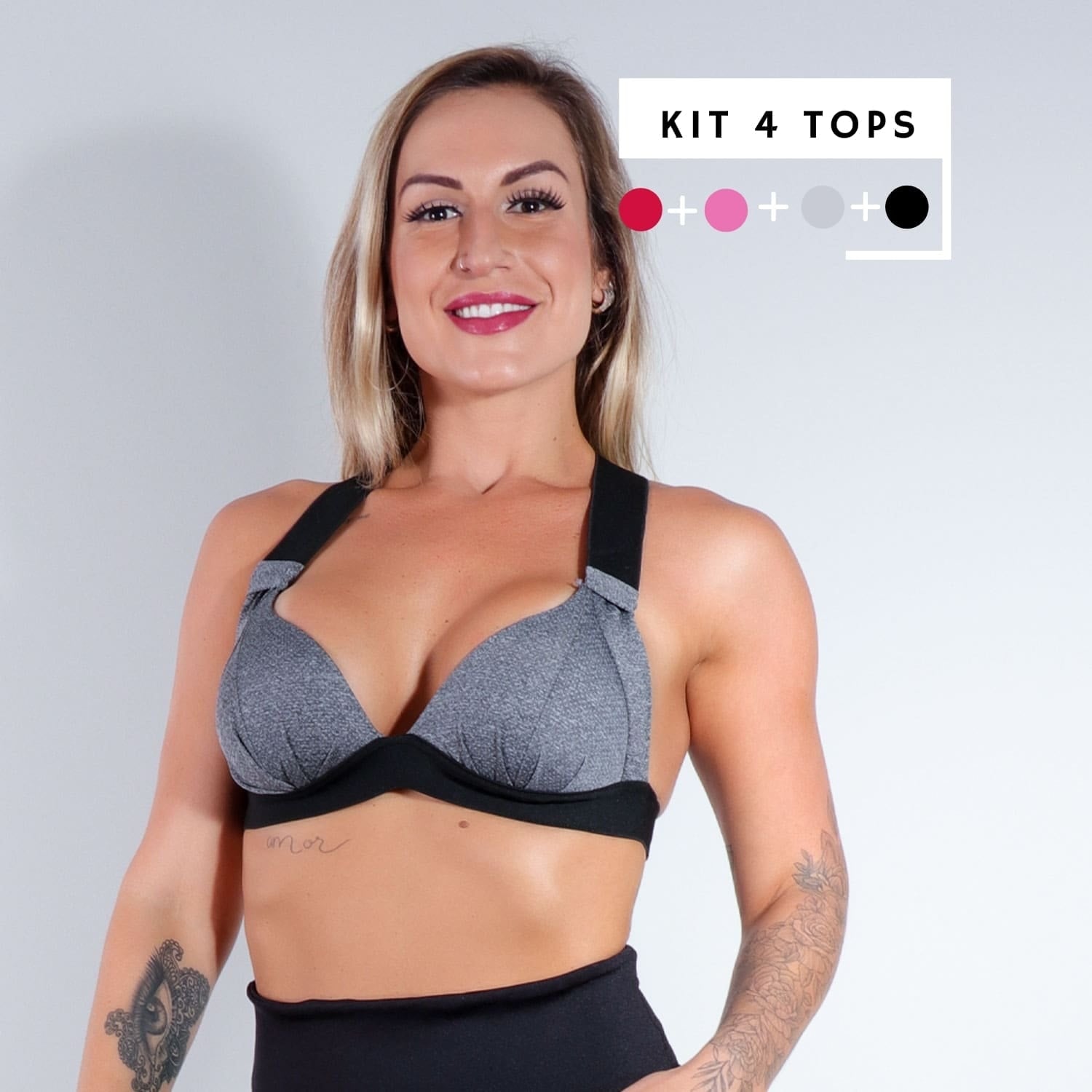 Kit com 4 Tops Vinho, Rosa Neon, Mescla e Preto | Ref: KITTOP-03