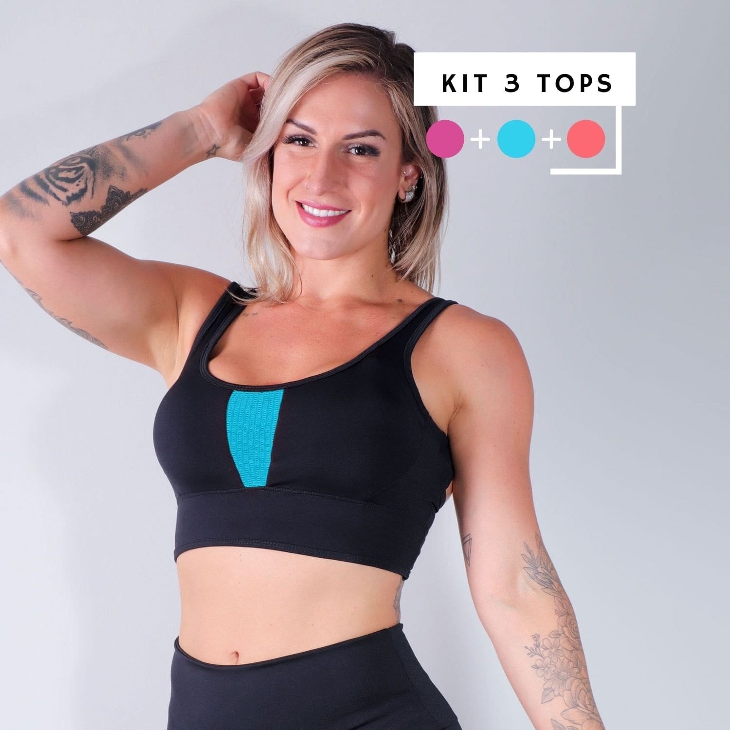 Kit de 3 Tops Pretos com Tela Azul Piscina, Rosa e Laranja | Ref: KITTOP-04