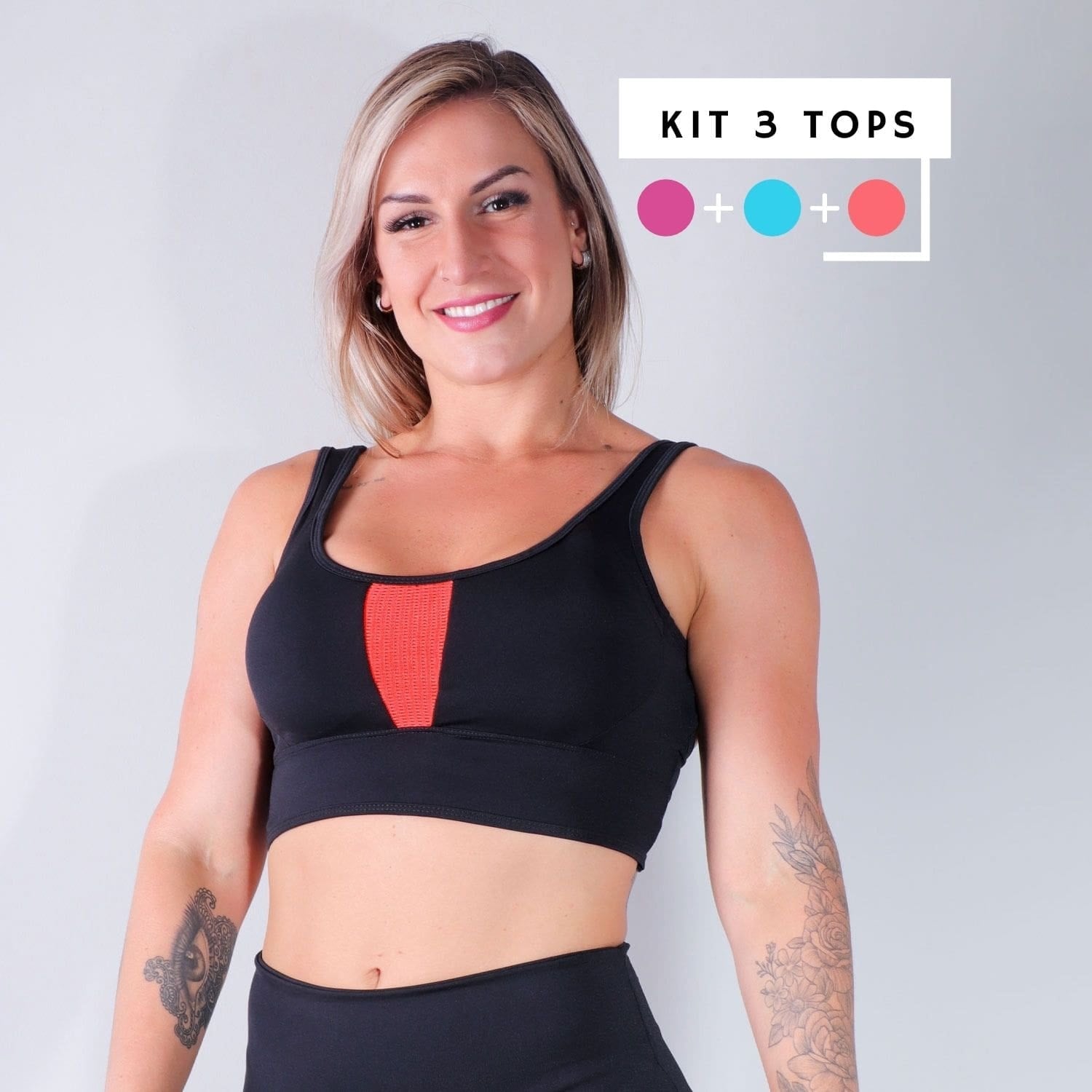 Kit de 3 Tops Pretos com Tela Azul Piscina, Rosa e Laranja | Ref: KITTOP-04