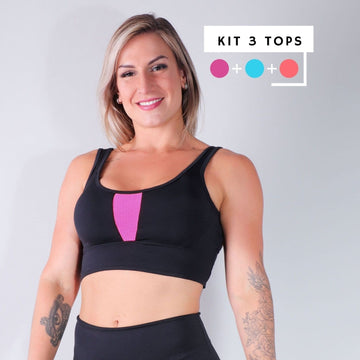 Kit de 3 Tops Pretos com Tela Azul Piscina, Rosa e Laranja | Ref: KITTOP-04