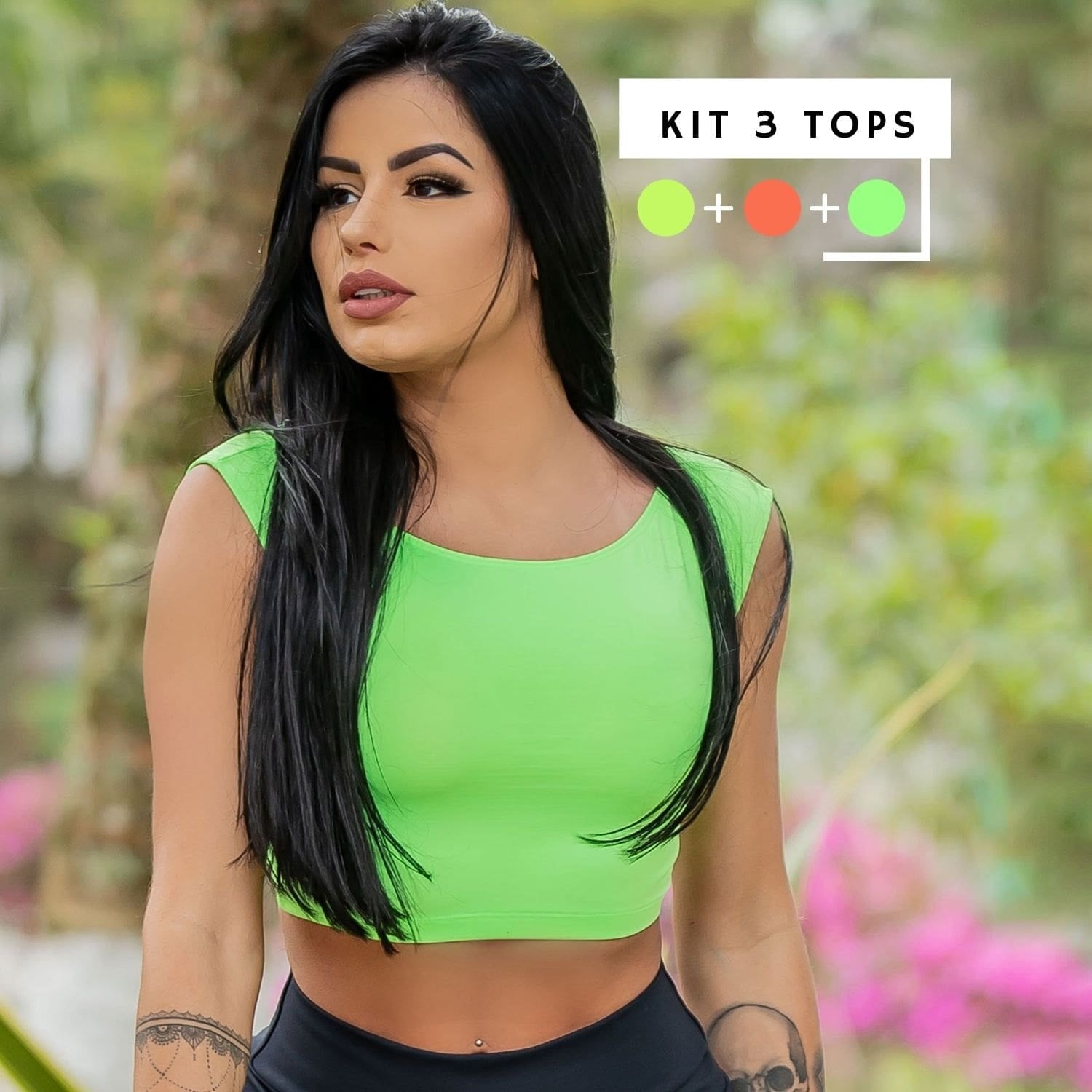 Kit com 3 Tops sem Bojo nas Cores Amarelo Neon, Verde Neon e Laranja Neon | Ref: KITTOP-06