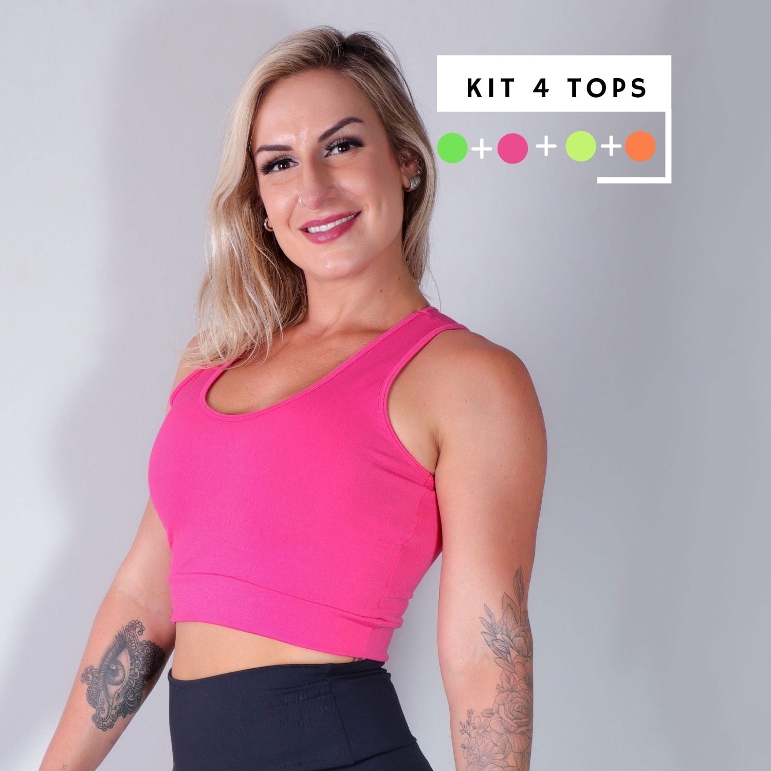 Kit com 4 Tops sem Bojo nas Cores Rosa, Amarelo Neon, Verde Neon e Laranja Neon | Ref: KITTOP-10