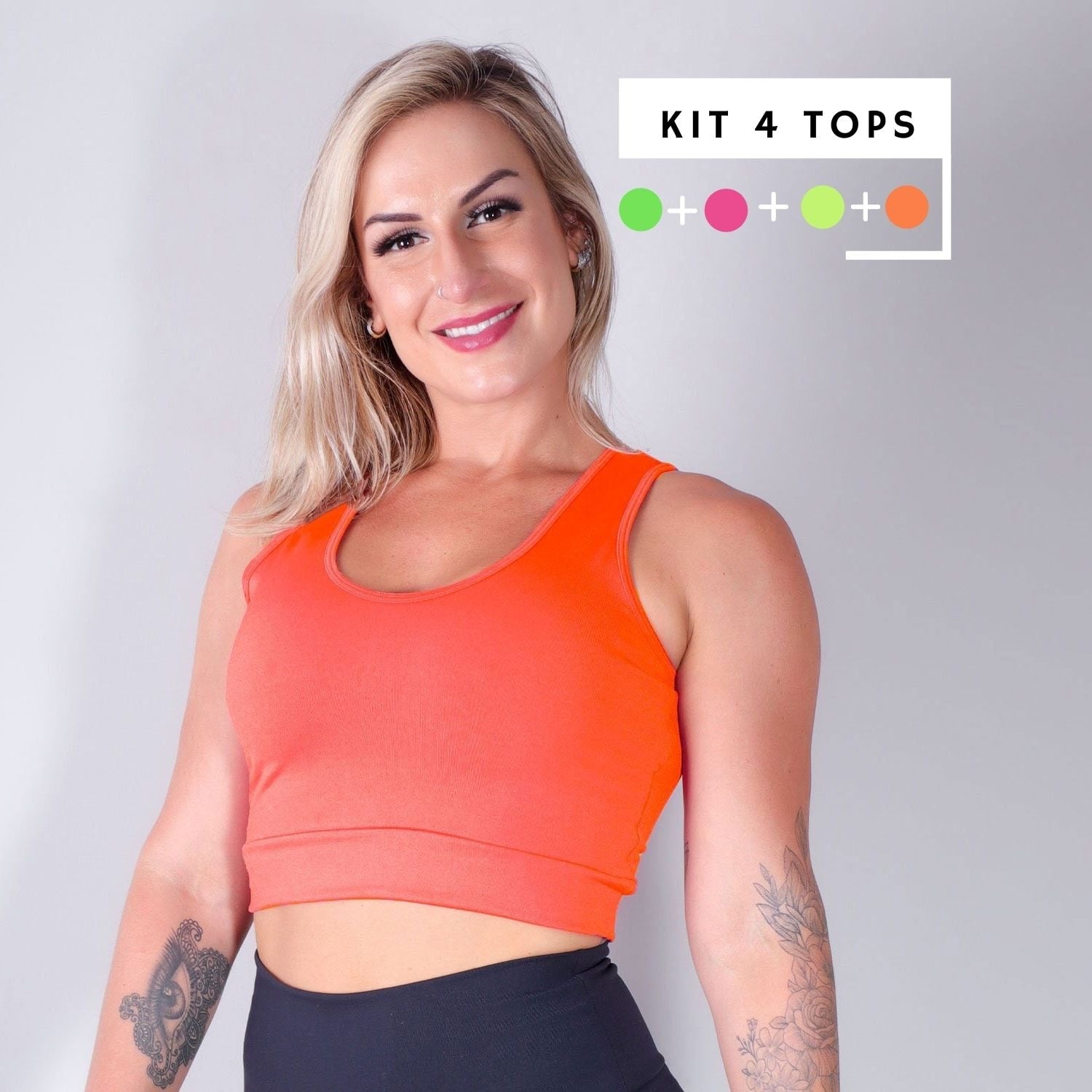 Kit com 4 Tops sem Bojo nas Cores Rosa, Amarelo Neon, Verde Neon e Laranja Neon | Ref: KITTOP-10