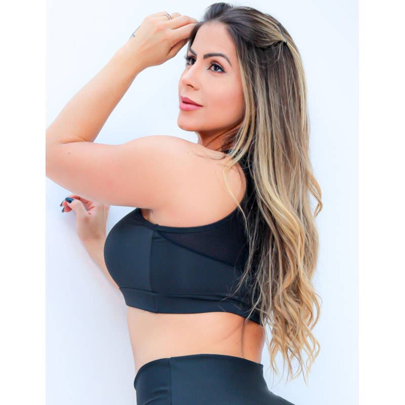 Cropped Feminino Preto sem Bojo e Recortes em Tela | Ref: 4.4.4412-01