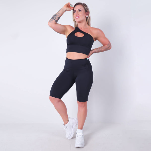 Conjunto Fitness Preto Cropped com Bojo e Bermuda Ciclista | Ref: 8.8.0184-01