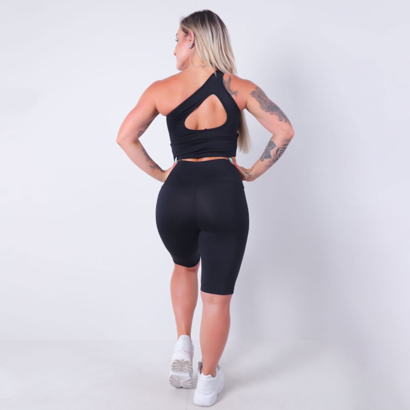 Conjunto Fitness Preto Cropped com Bojo e Bermuda Ciclista | Ref: 8.8.0184-01