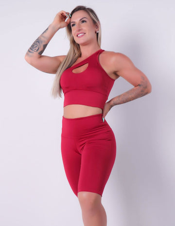 Conjunto Fitness Vinho Bermuda Ciclista e Cropped com Bojo Removível | Ref: 8.8.0184-24