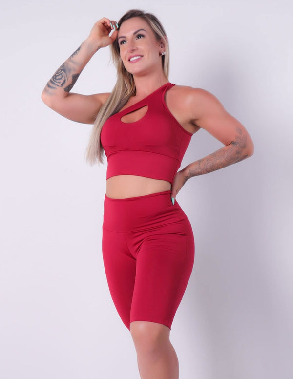 Conjunto Fitness Vinho Bermuda Ciclista e Cropped com Bojo Removível | Ref: 8.8.0184-24
