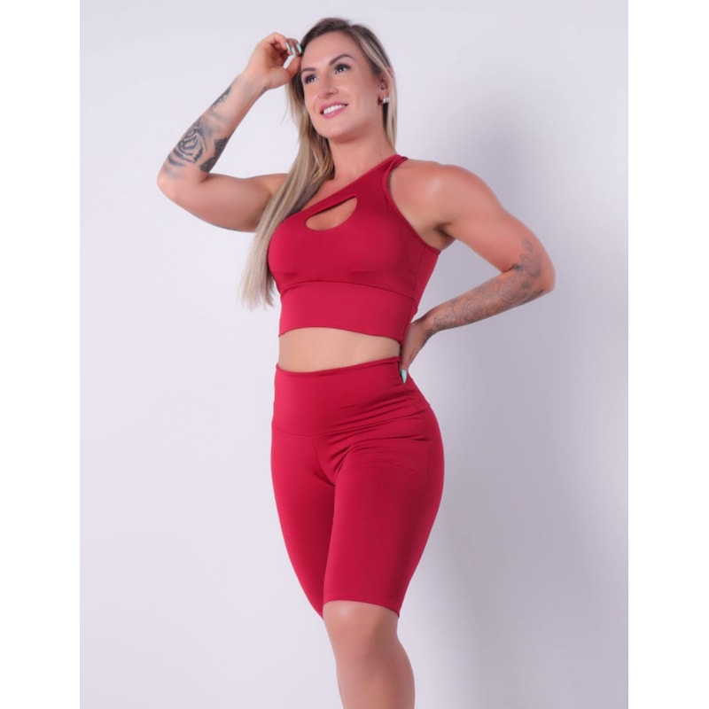 Conjunto Fitness Vinho Bermuda Ciclista e Cropped com Bojo Removível | Ref: 8.8.0184-24