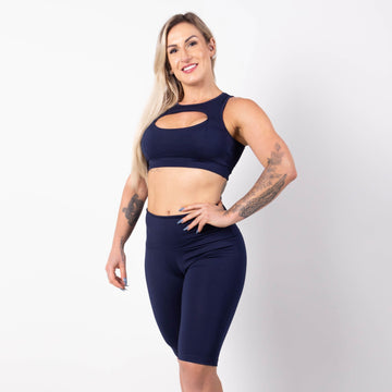 Conjunto Feminino Azul Marinho Cropped com Bojo e Bermuda Ciclista | Ref: 8.8.0185-18