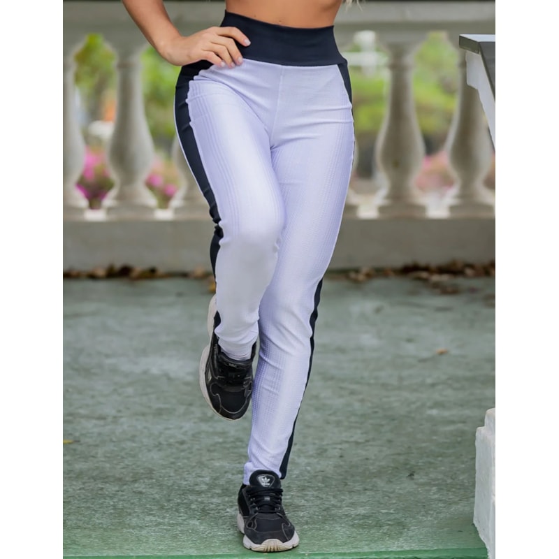 Calça de Poliamida Branca Texturizada com Recortes Pretos | Ref: 3.3.2526-0102