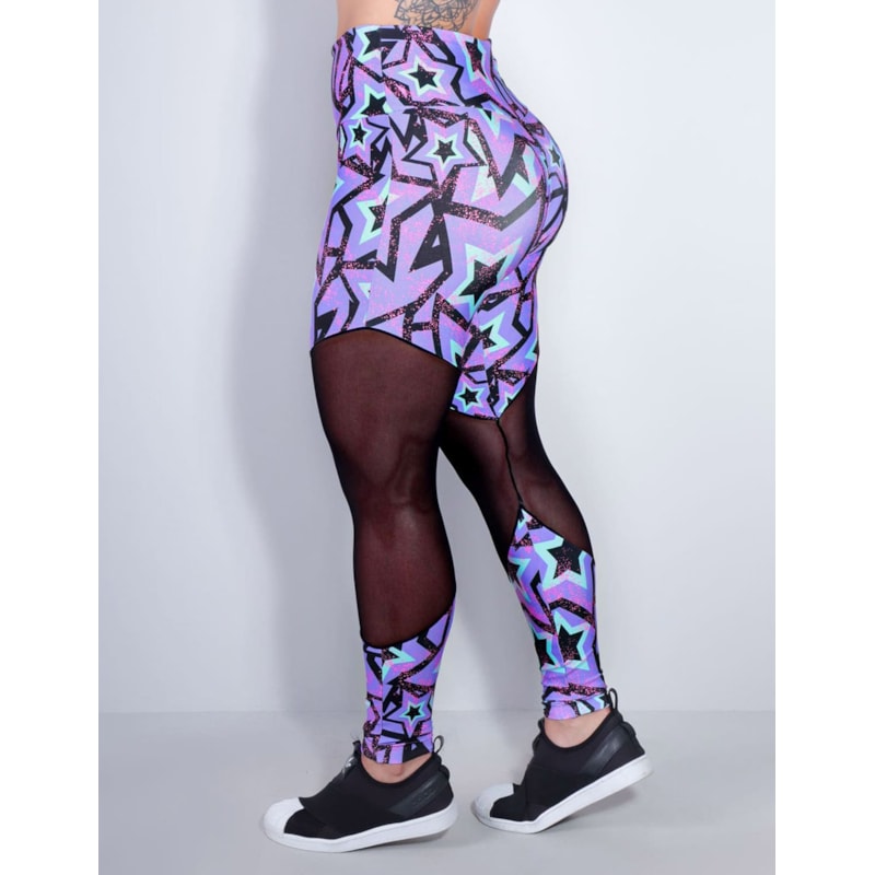 Calça Feminina Fitness com Estampa e Recortes de Tule Preto | Ref: 4.4.1712-3176