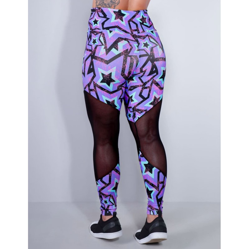Calça Feminina Fitness com Estampa e Recortes de Tule Preto | Ref: 4.4.1712-3176