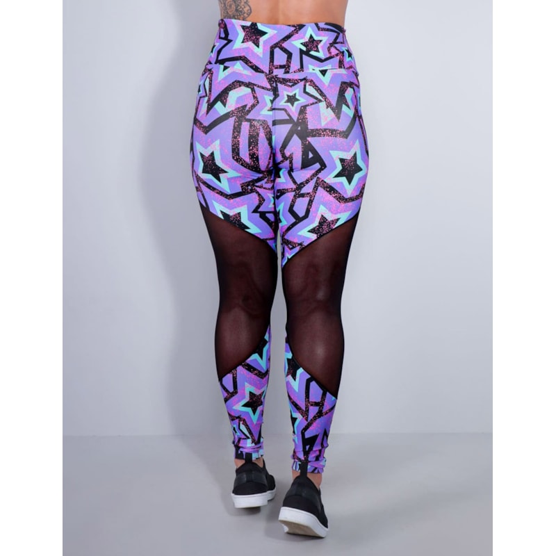 Calça Feminina Fitness com Estampa e Recortes de Tule Preto | Ref: 4.4.1712-3176
