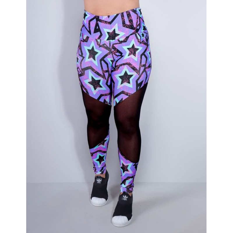 Calça Feminina Fitness com Estampa e Recortes de Tule Preto | Ref: 4.4.1712-3176