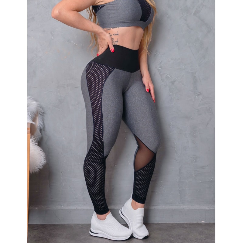Calça Fitness Mescla com Cós Preto e Recortes em Tela | Ref: 3.3.2050